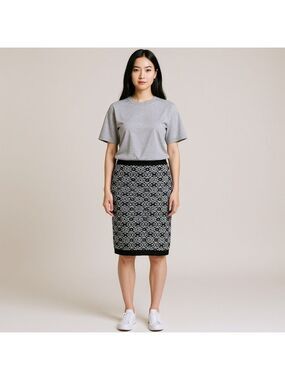 PINK Rose pencil sweater skirt fitted abstract design geometric black grey sz S